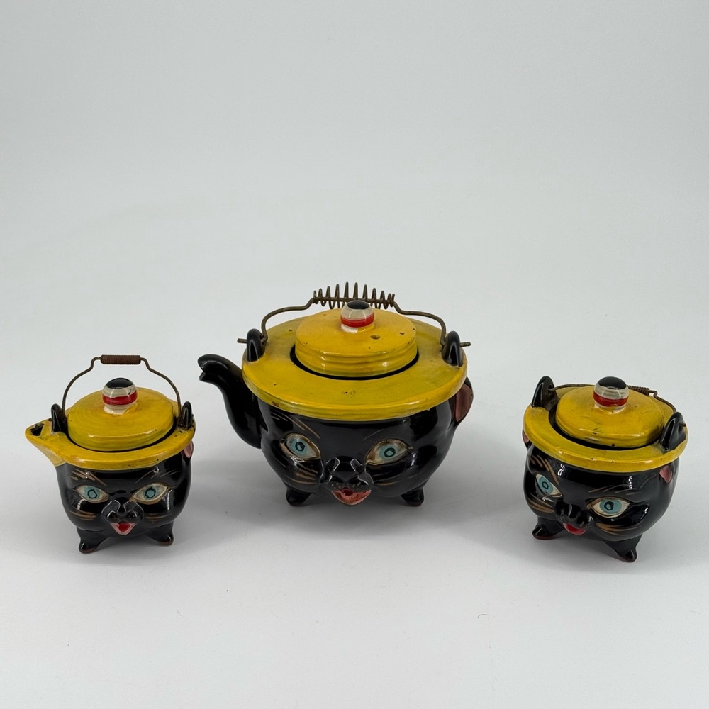 Rare Antique Vintage 1930’s Norcrest Black Cat Teapot, Creamer and Sugar Set